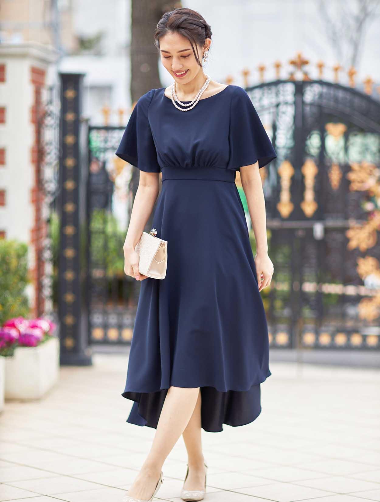 【タグ付】定価3.6万 リナシメント フィッシュテールドレス ネイビー ランダムタックフラワー刺繍ネイビードレス