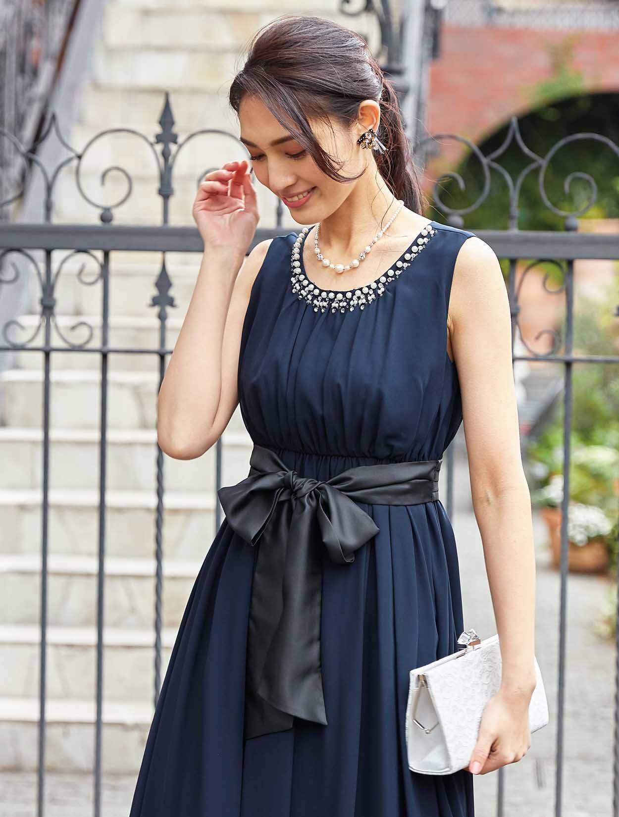 【M/L】ウエストリボンベルト付きミモレ丈ドレス(ネイビー)