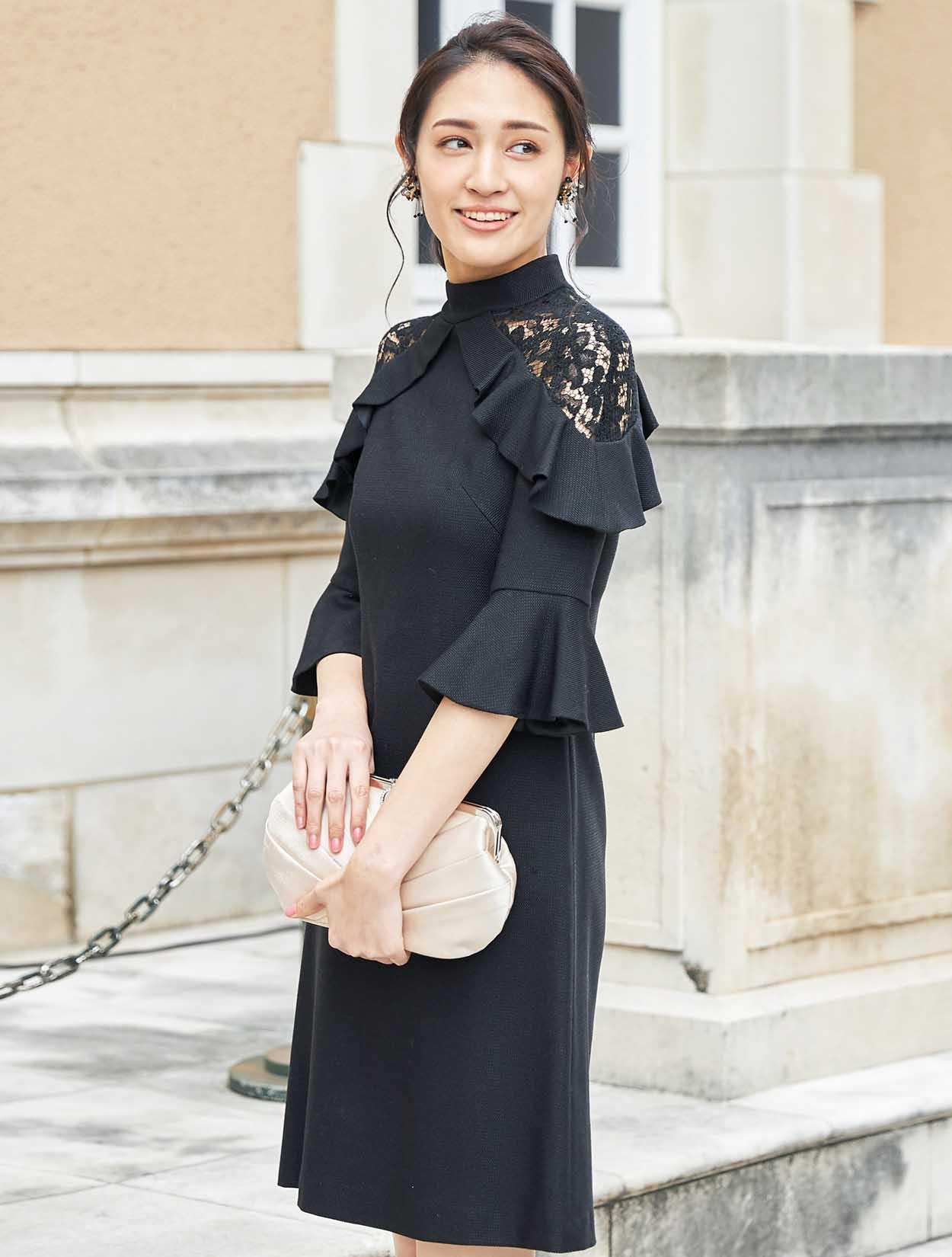 ドビーベルスリーブ七分袖ドレス(ブラック)