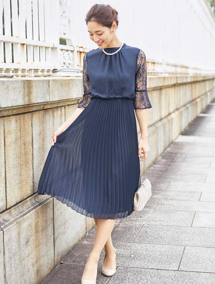 【大きいサイズ LL】袖レースプリーツミモレ丈ドレス(ネイビー)