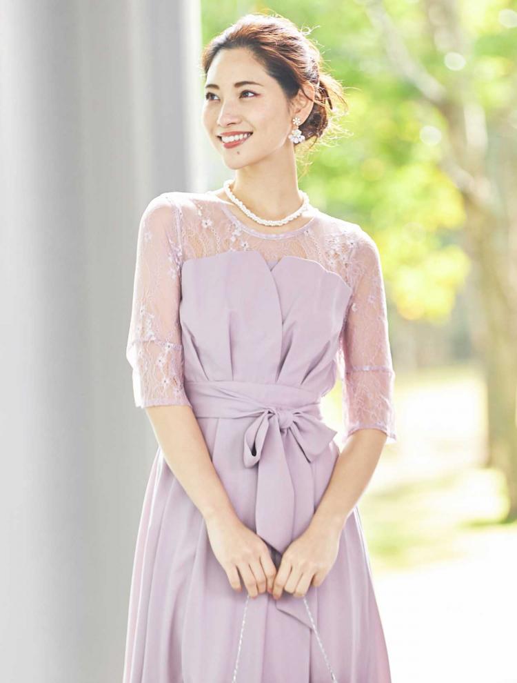 ビスチェ風レース切替ミモレ丈ドレス(ピンク)