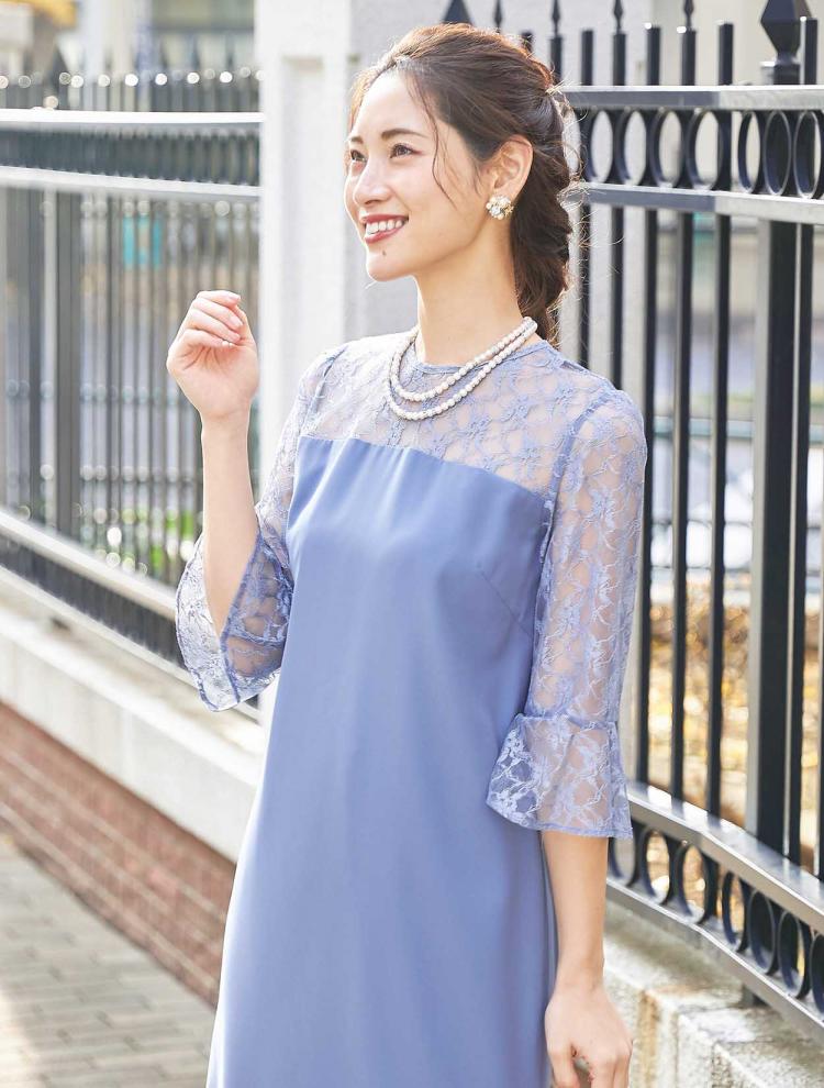 袖レーストラぺラーズドレス(サックス)