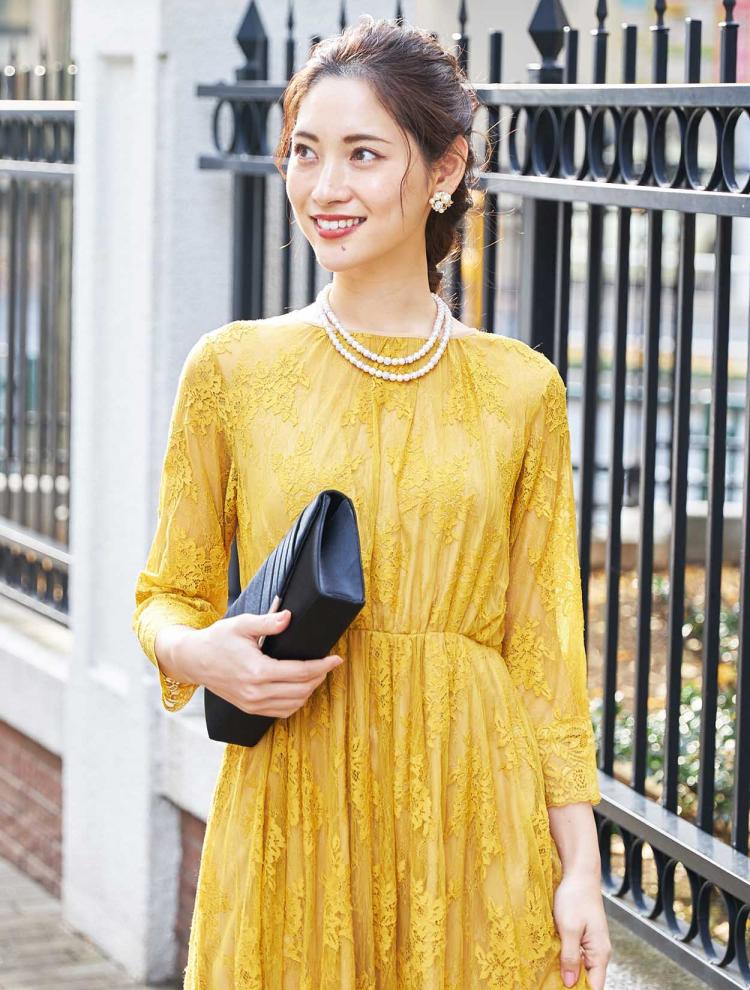 七分袖総レースロングドレス(イエロー)