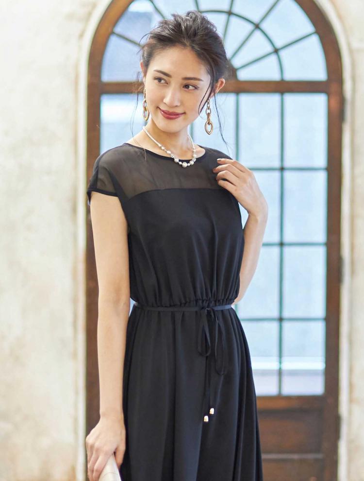 【大きいサイズ 3L/5L】胸元透かし ロングドレス(ブラック)