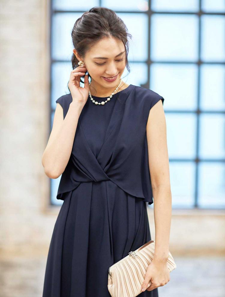 【M/L】ウエストクロスミディ丈ドレス(ネイビー)