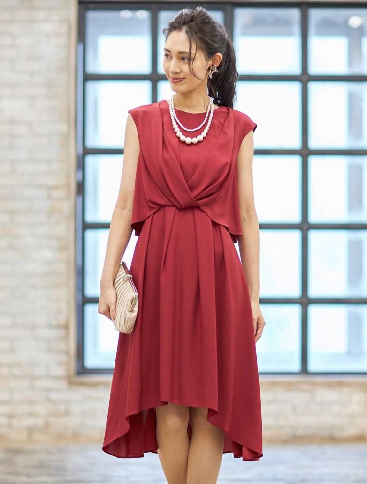ウエストクロスミディ丈ドレス(レッド)