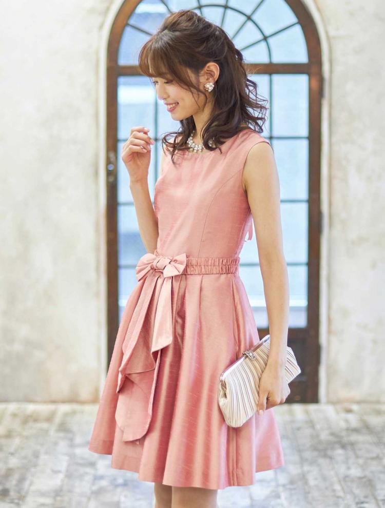 【小さいサイズ　SS〜S】リボンベルト＆パニエ付シャンタンレースアップドレス（オレンジ）