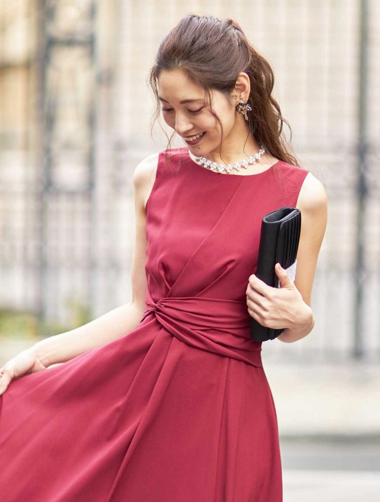 レースアップミディ丈ドレス(レッド)