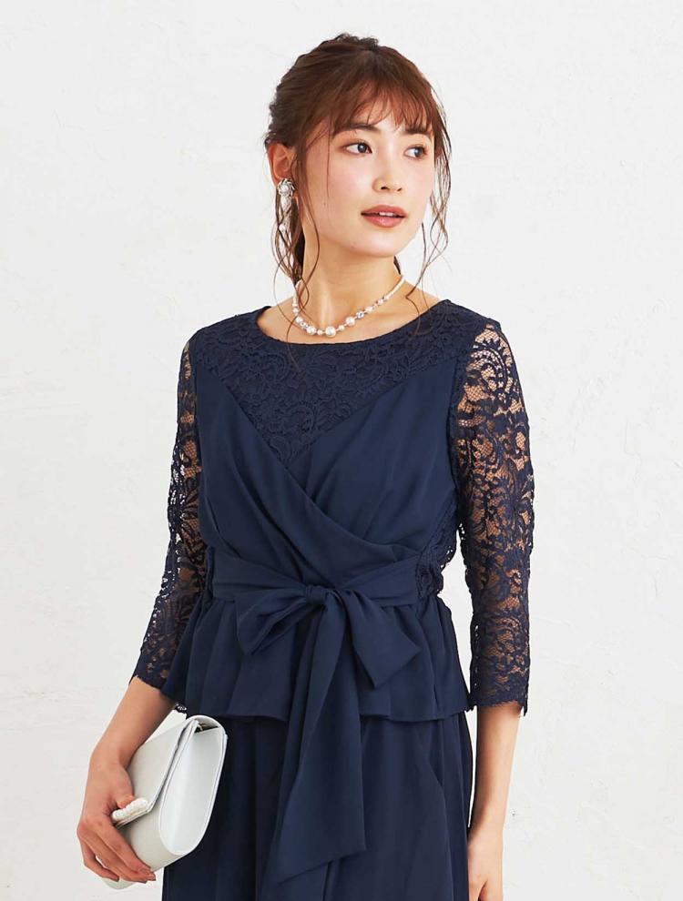 【M】カシュクールトップスワイドパンツドレス（ネイビー）