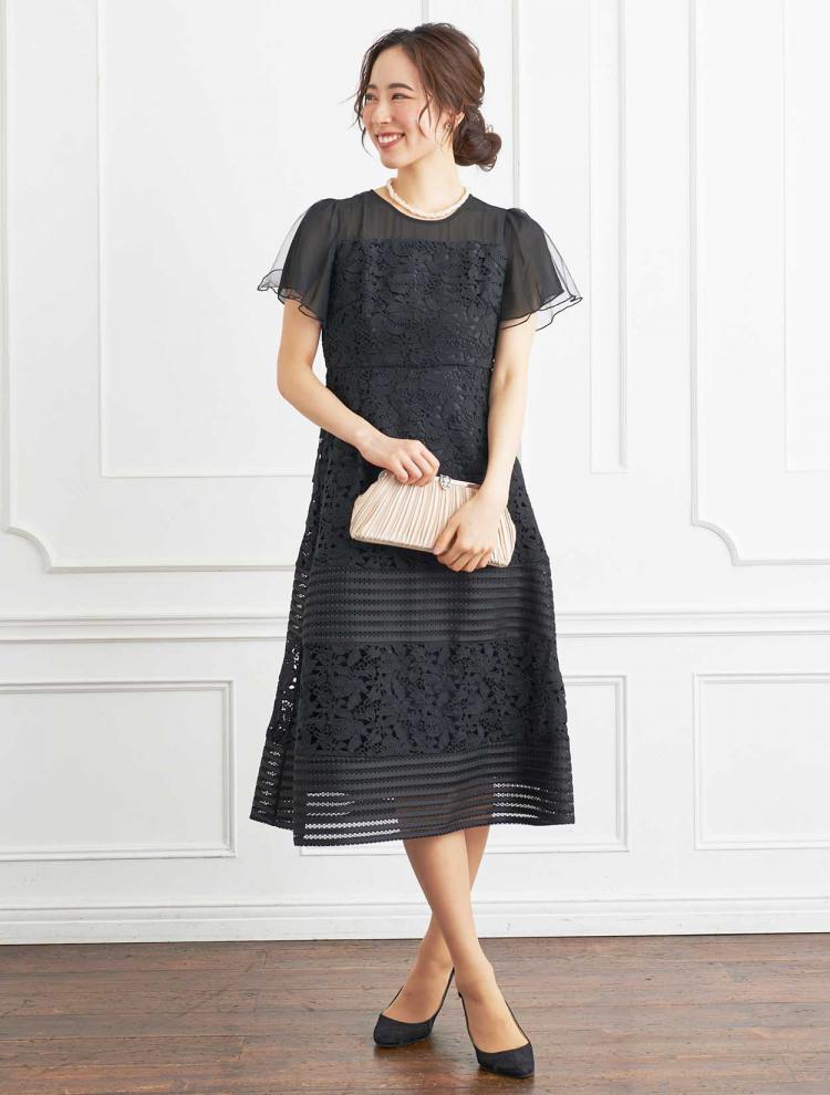 【S/M】フラワーレースボーダー切替ドレス(ブラック)