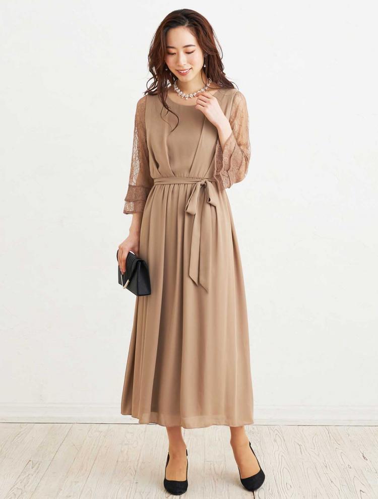 レース袖リボンベルト付きロングドレス(キャメル)