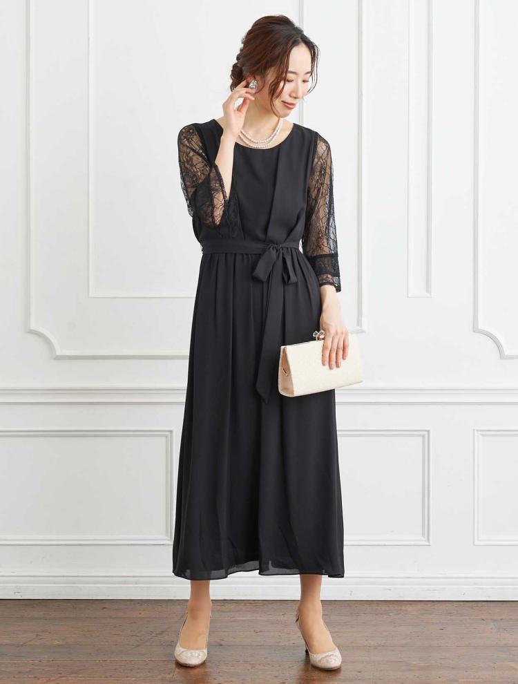 【大きいサイズ LL/3L】レース袖リボンベルト付きロングドレス(ブラック)