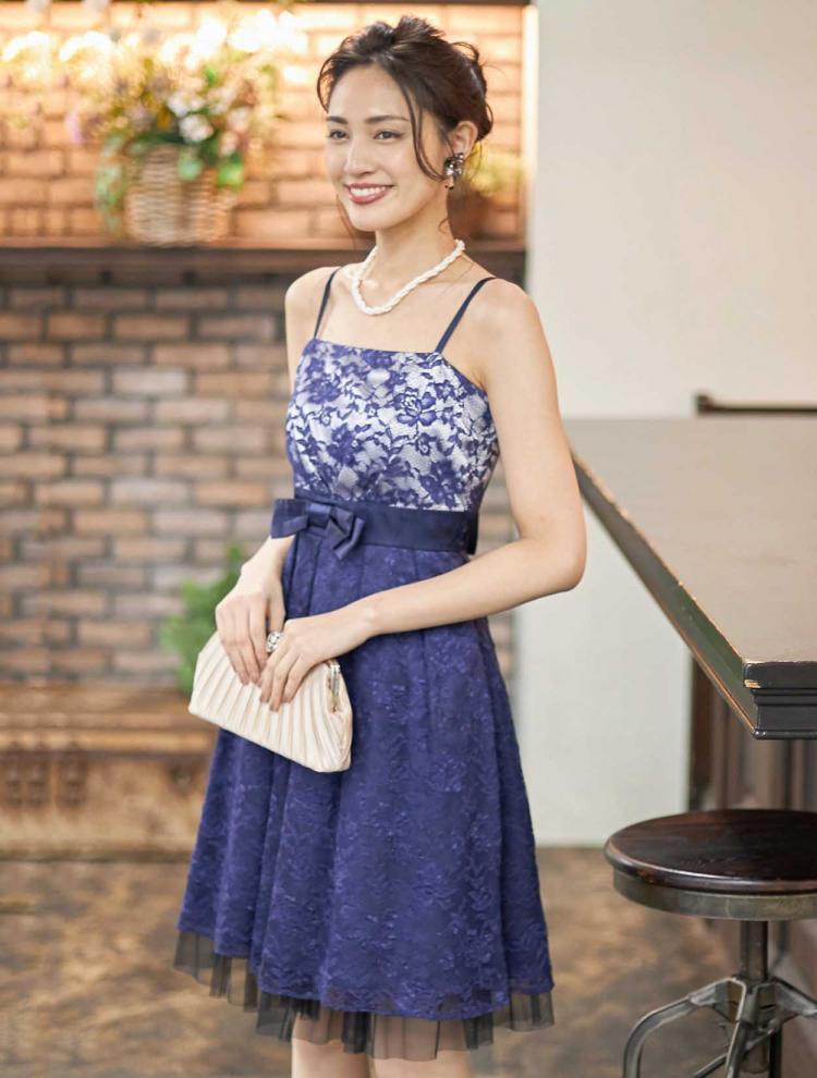 【SS-3Lまで対応】パニエ付き総レースレースアップドレス(ネイビー)