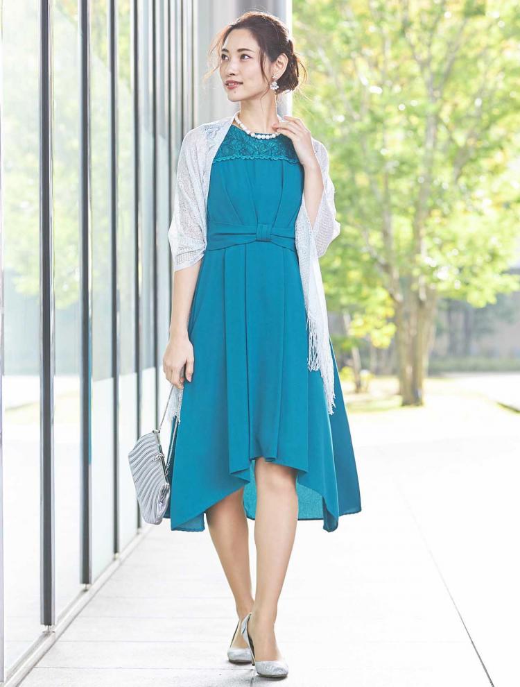 胸元レースミディ丈ヘム裾ドレス(SET0714)