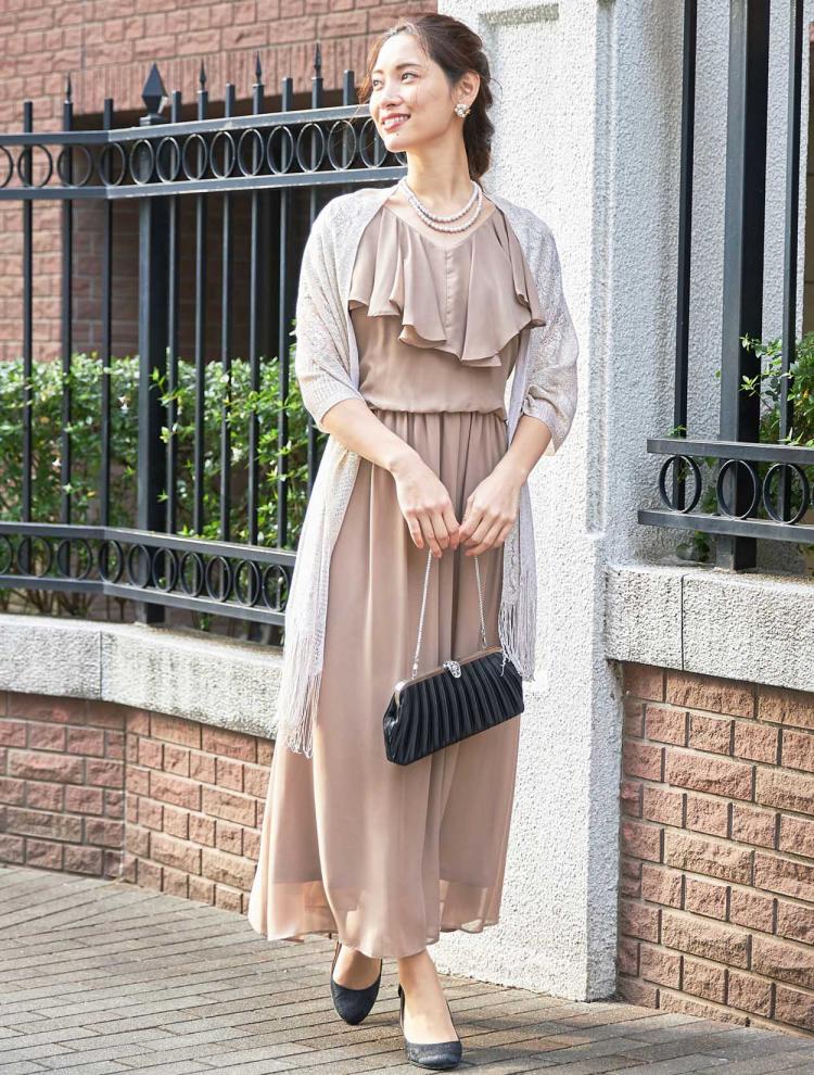 【大きいサイズ】Vネックラッフルフリルロングドレス(SET0741)