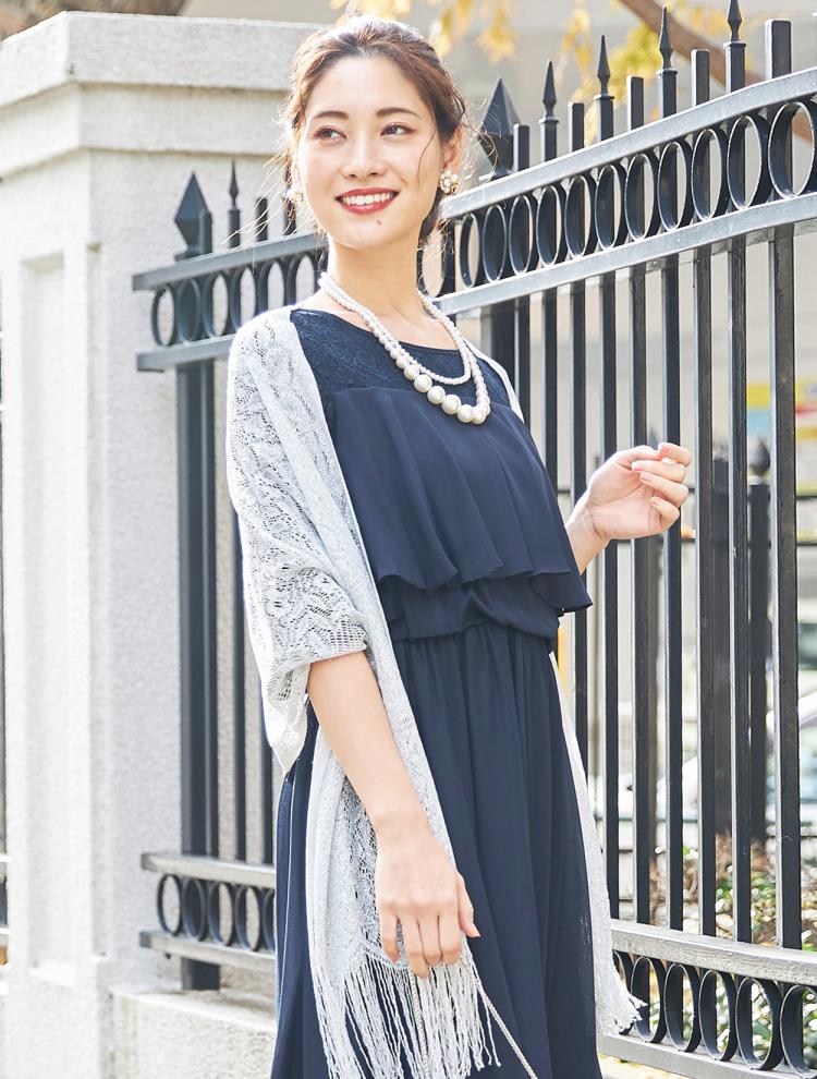 【大きいサイズ】レース切替七分袖ロングドレス（SET3038）