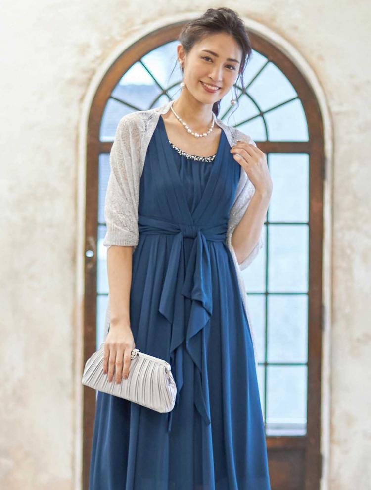 【大きいサイズ】ミモレ丈ラッフルフリルドレス(SET3052)