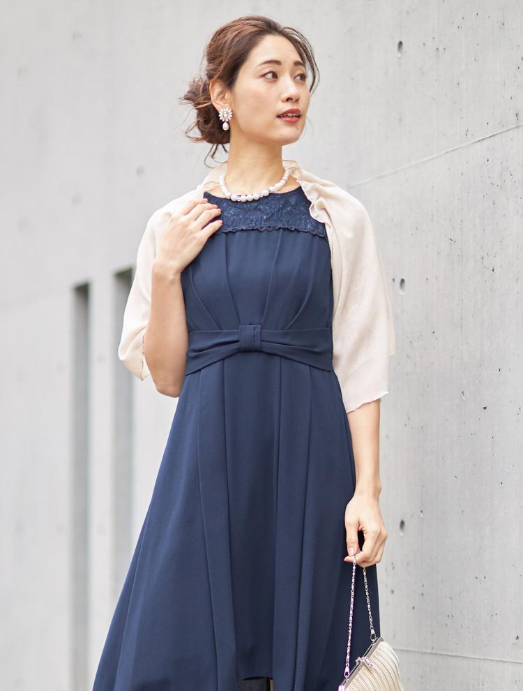 【LL/3L/4L】胸元レースミディ丈ヘム裾ドレス(SET3059)