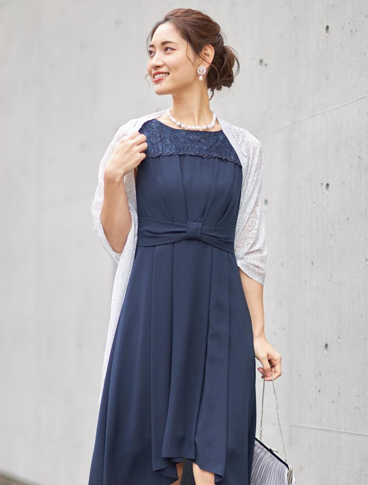 【LL/3L/4L】胸元レースミディ丈ヘム裾ドレス(SET3060)