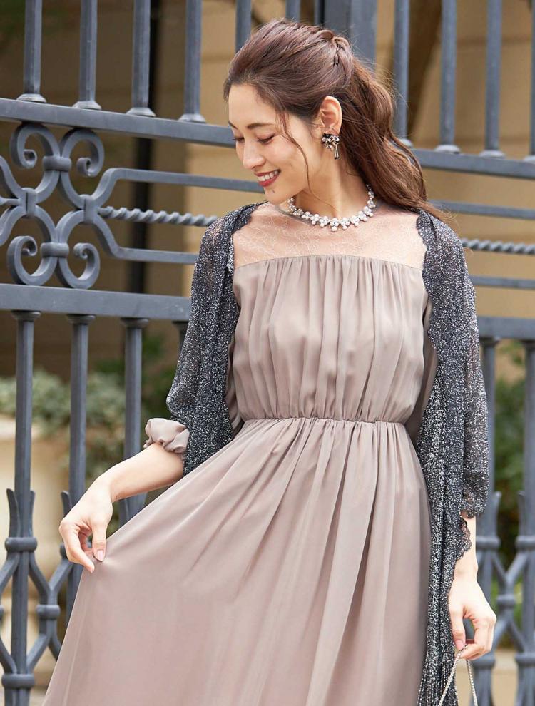 【3L/5L】胸元レース切替バルーン袖ドレス（SET3079）