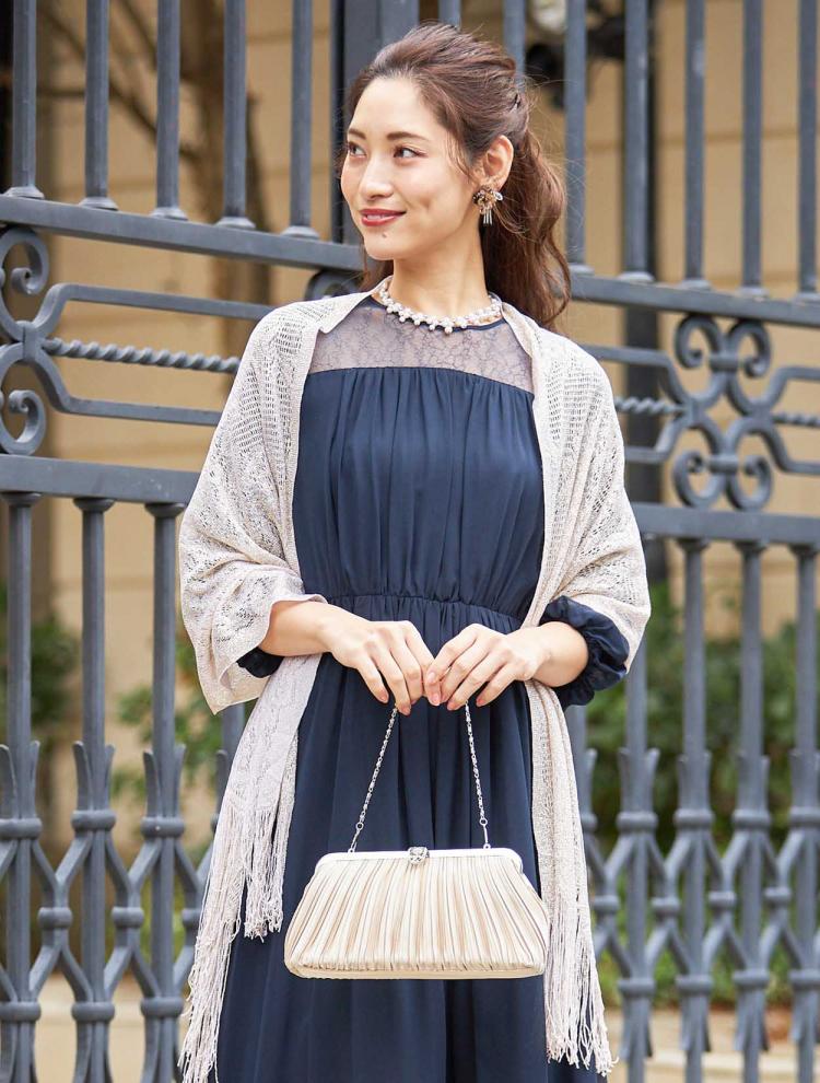 【3L/5L】胸元レース切替バルーン袖ドレス（SET3085）