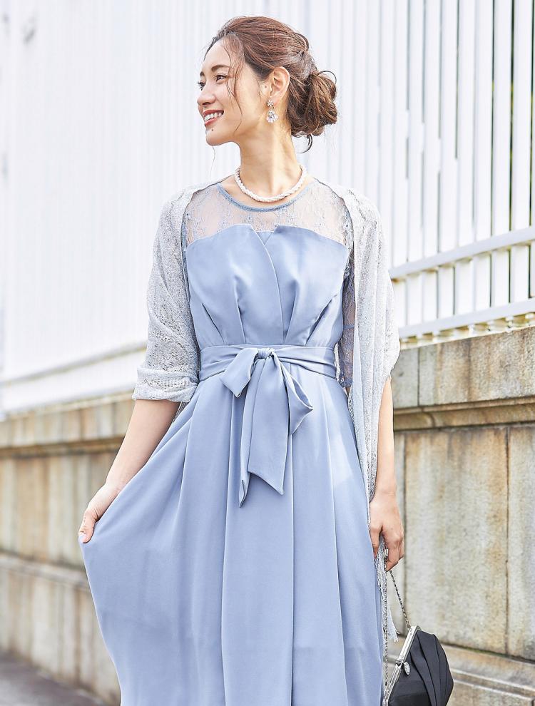 【大きいサイズ】ビスチェ風レース切替ミモレ丈ドレス(グレー)(SET3087)