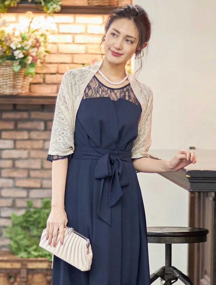 【大きいサイズ】ビスチェ風レース切替ミモレ丈ドレス（ネイビー）（SET3094）