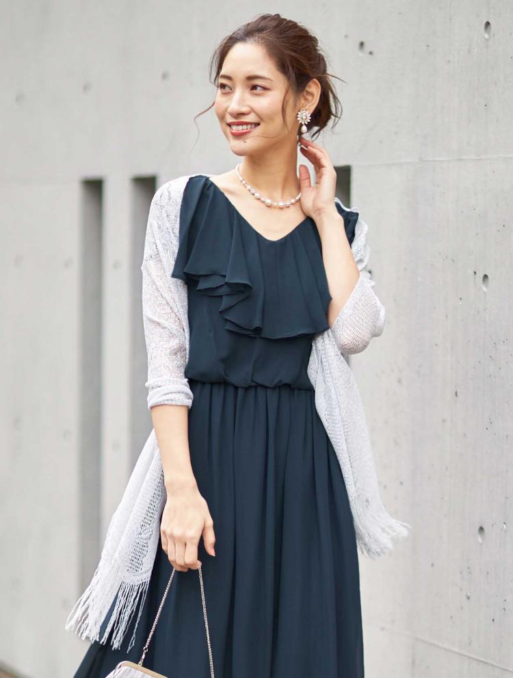 【LL/3L】Vネックラッフルフリルロングドレス(SET3103)