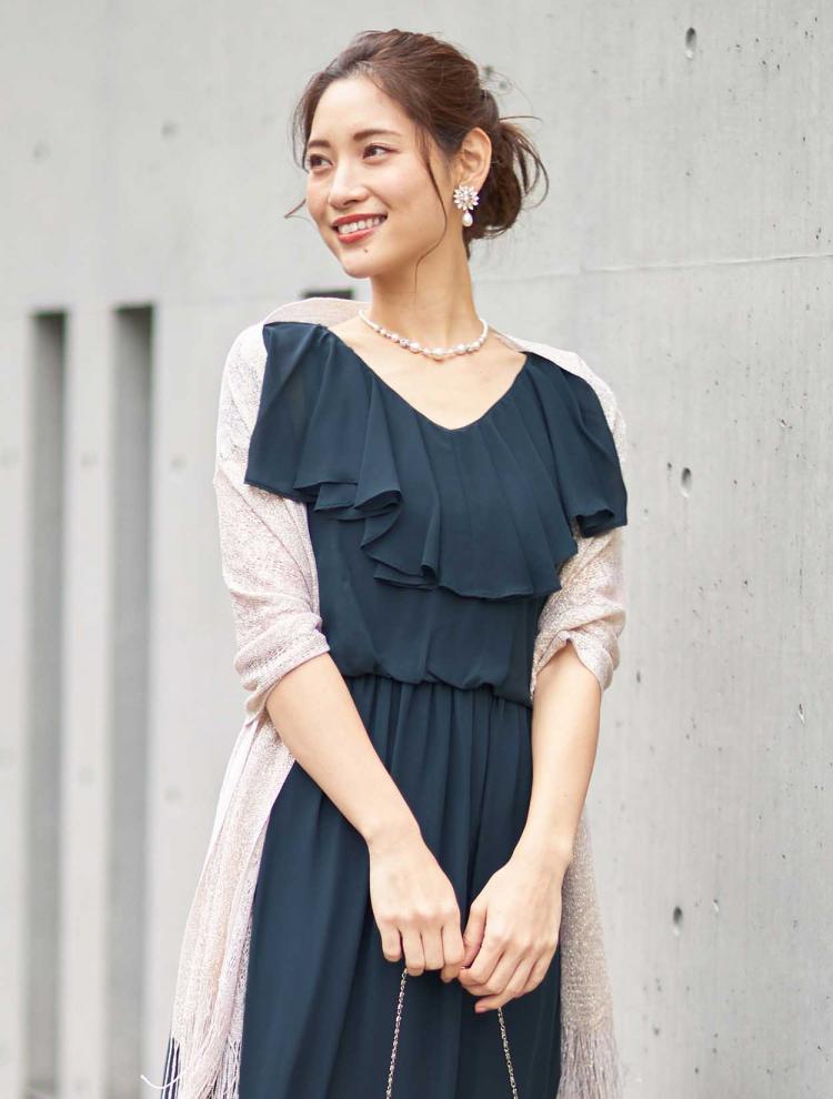 【LL/3L】Vネックラッフルフリルロングドレス(SET3104)