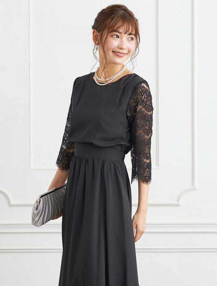 【3点セット】【M/L】シャイニーデシンスカラップレースドレス(ブラック)(SET3189)