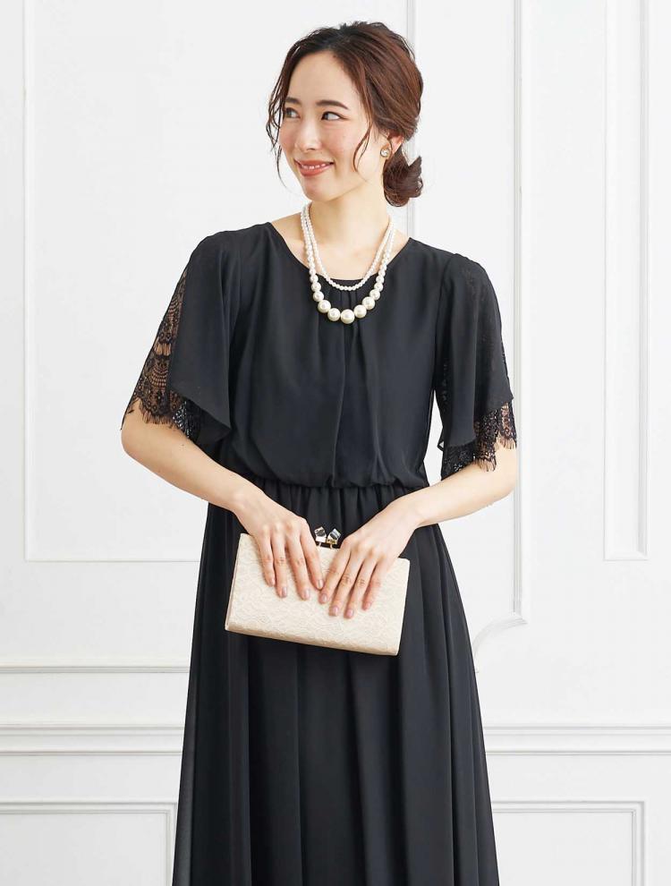 【3点セット】【LL~5L】スリットスリーブレース付きロングドレス(ブラック)(SET3283)