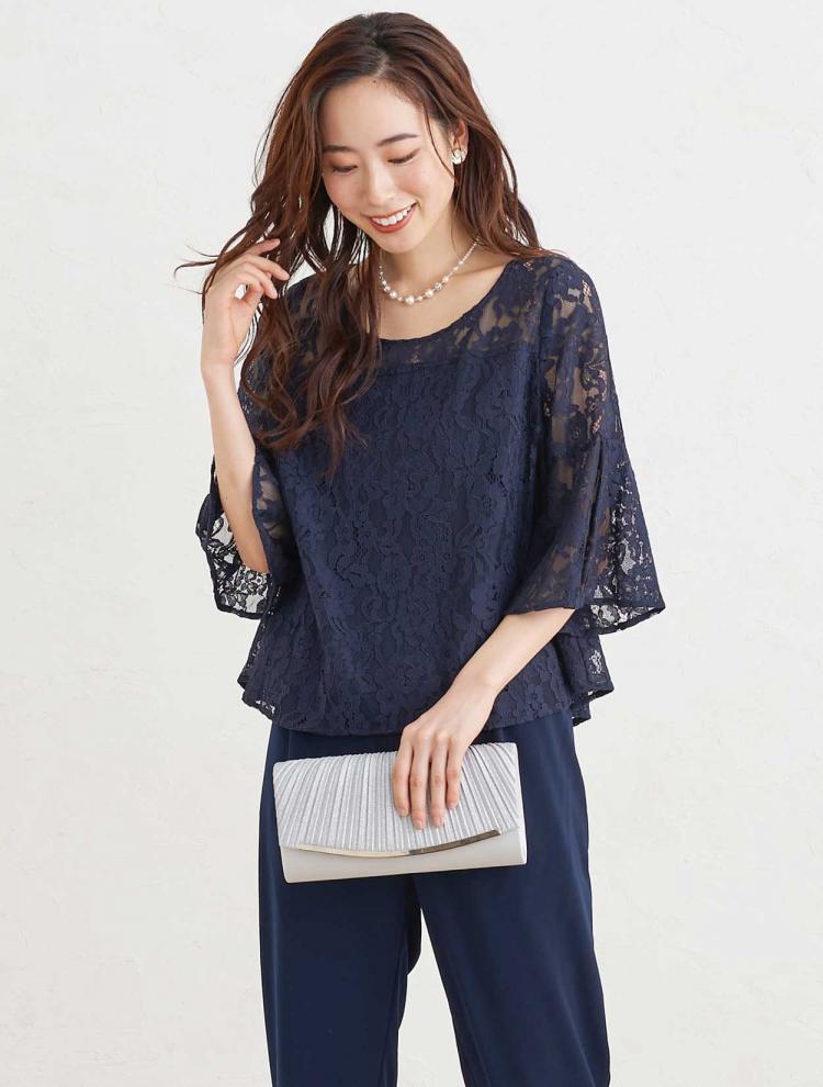 【3点セット】【LL~6L】レースブラウスパンツドレス(ネイビー)(SET3210)