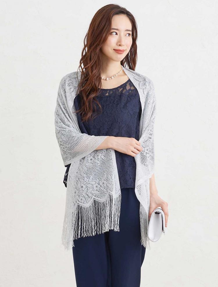 【4点セット】【LL～6L】レースブラウスパンツドレス（ネイビー）(SET3211)