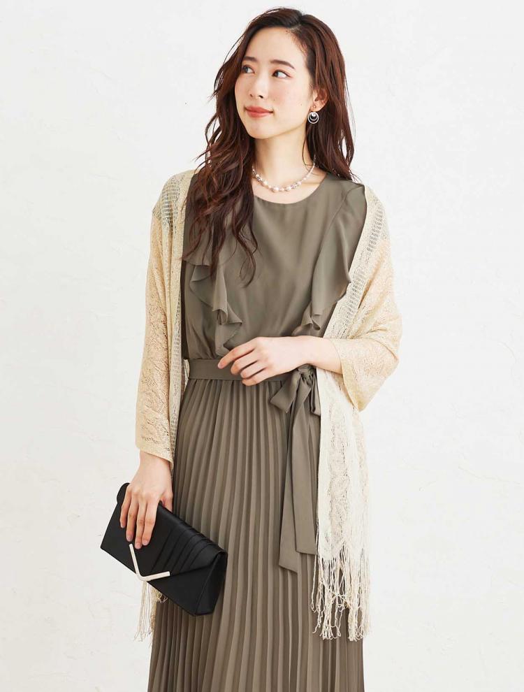 【4点セット】【LL～5L】ラッフル袖リボンベルト付きプリーツドレス（カーキ）(SET3215)