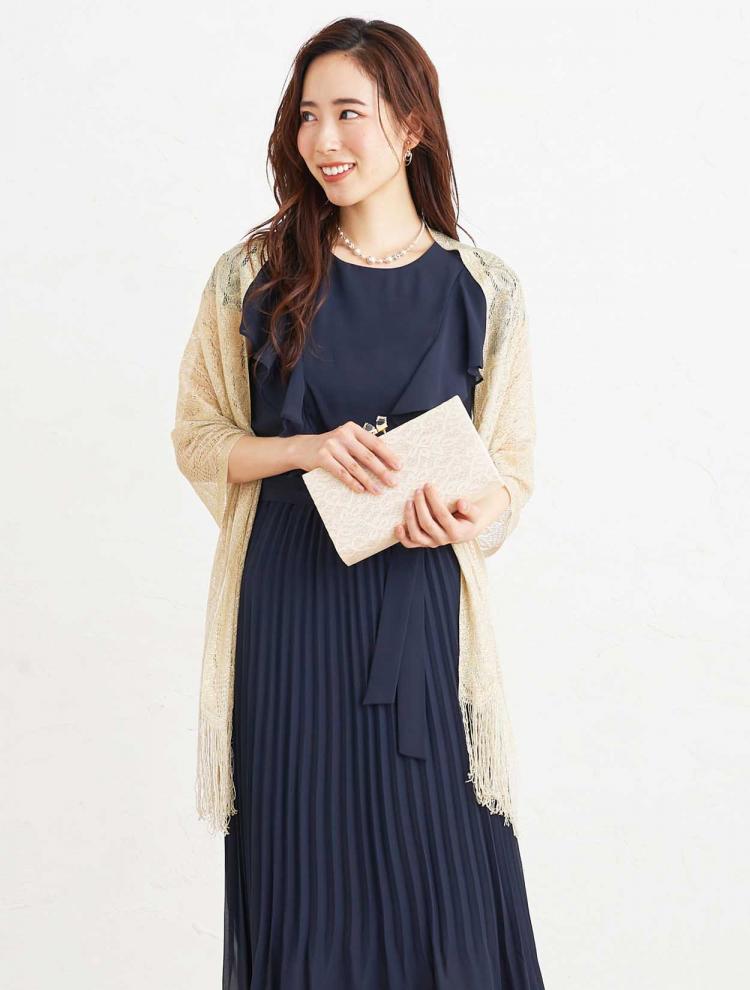 【4点セット】【LL～5L】ラッフル袖リボンベルト付きプリーツドレス（ネイビー）(SET3219)