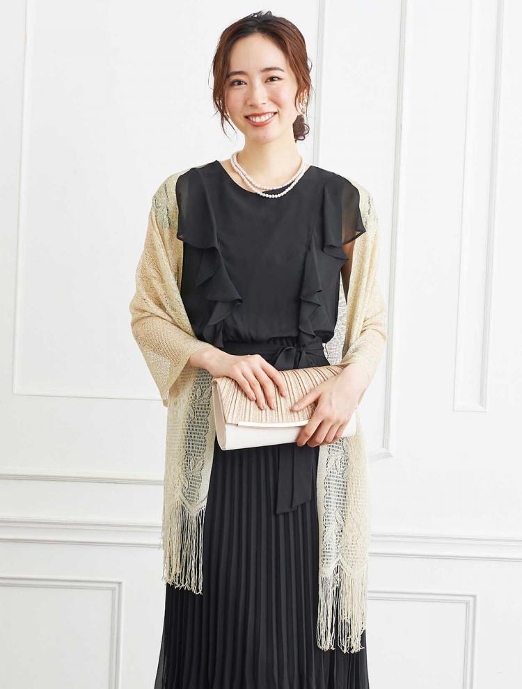 【4点セット】【M/L】ラッフル袖リボンベルト付きプリーツドレス(ブラック)(SET3255)