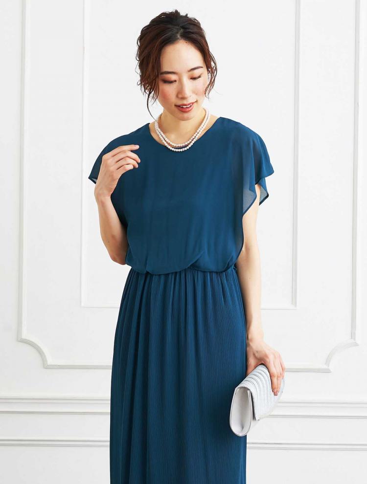 【3点セット】【3L】シフォンプリーツロングドレス(グリーン)(SET3262)