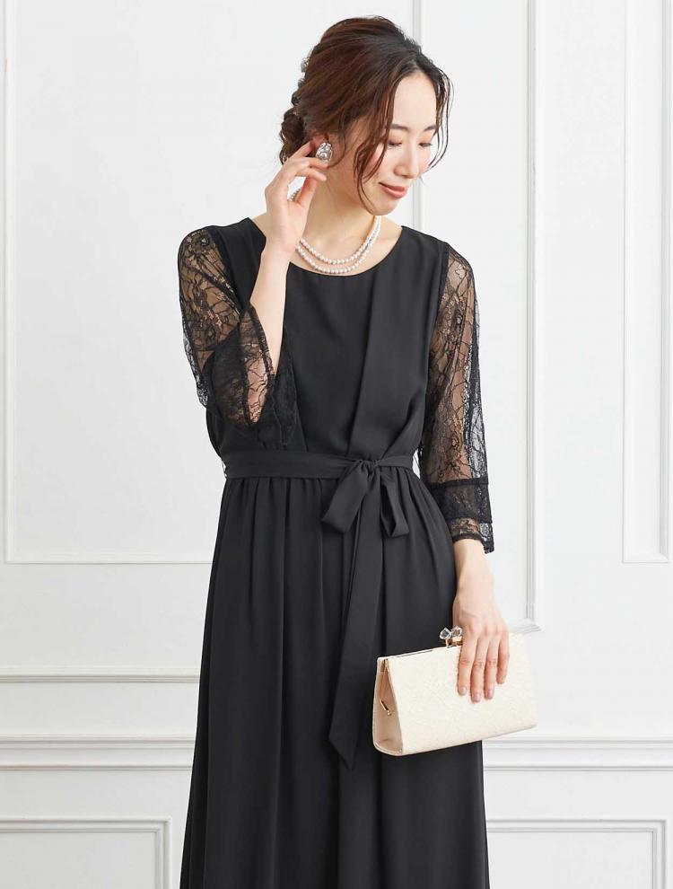 【3点セット】【LL/3L】レース袖リボンベルト付きロングドレス(ブラック)(SET3264)