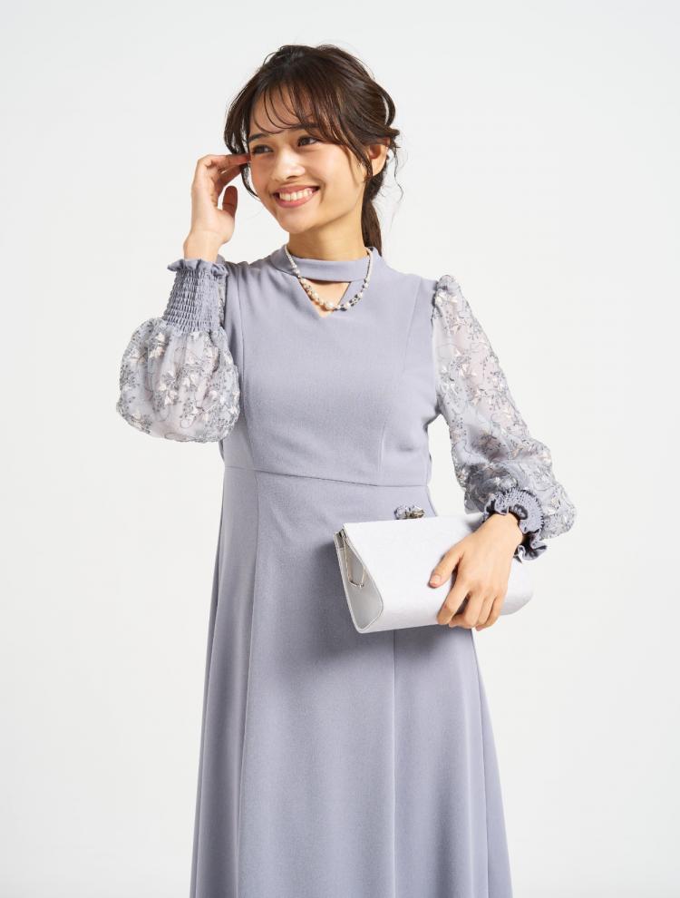 【3点セット】刺繍バルーンスリーブドレス(Lグレー)SET3294