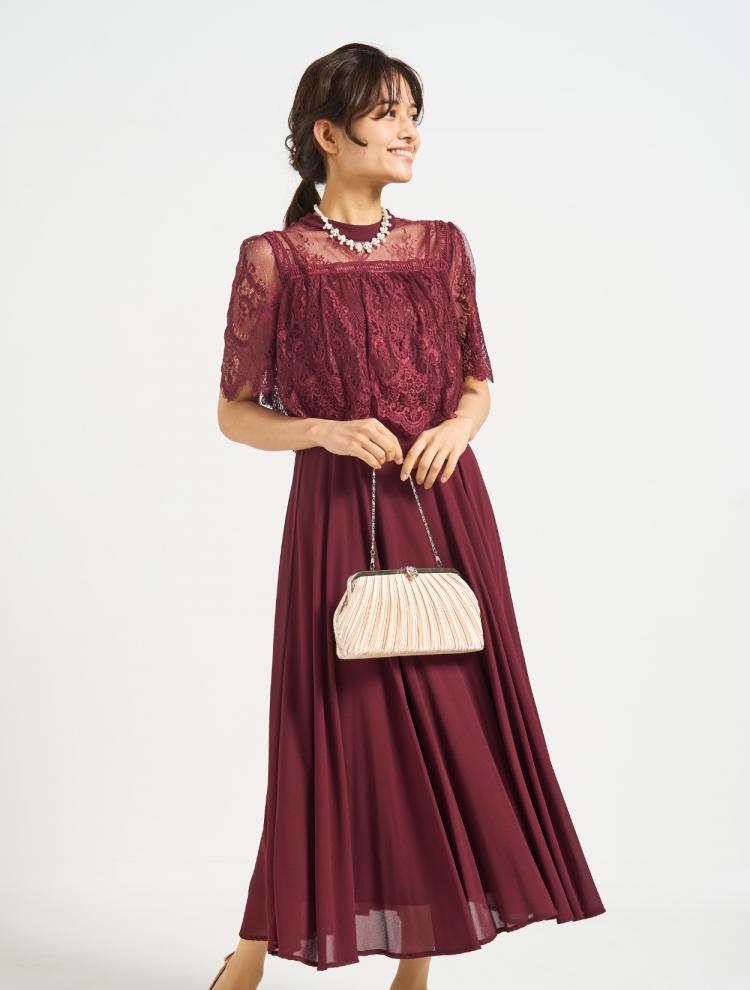 【M】ソフトジョーゼット×レースドレス(ボルドー)