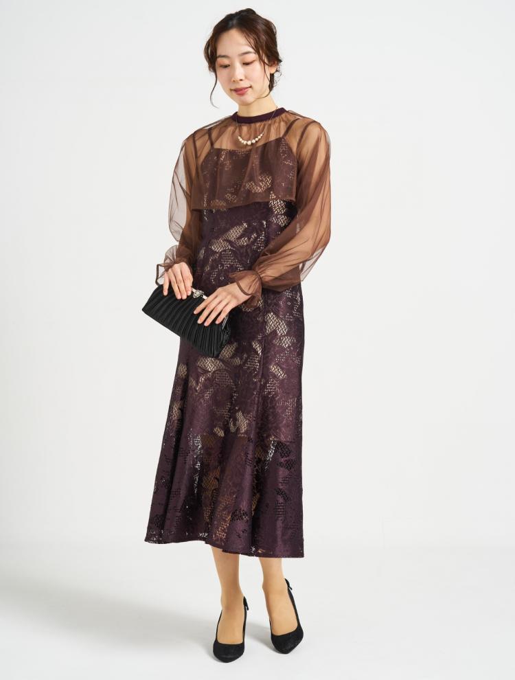 シフォンブラウス付きロングドレス(ブラウン)