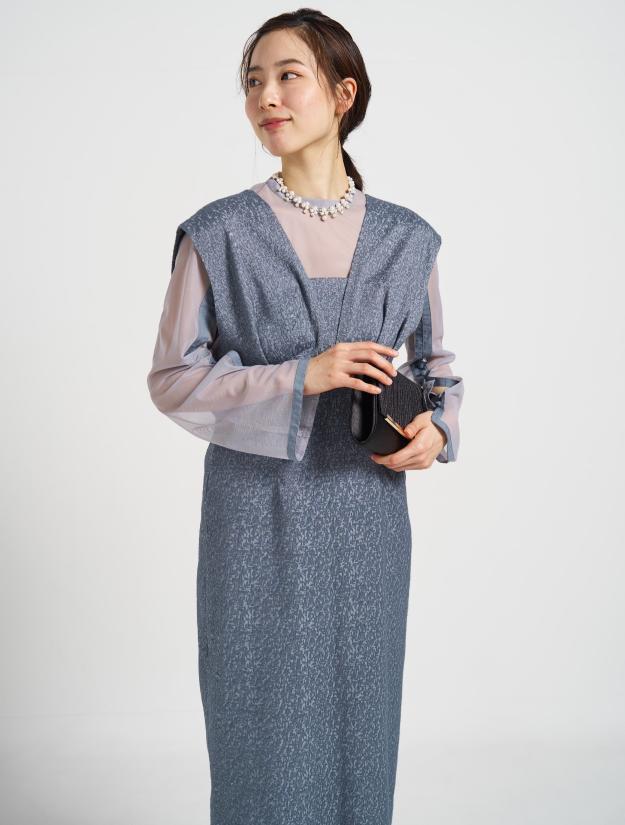 【M/L】ブラウス付Vネックドレス（ブルー）