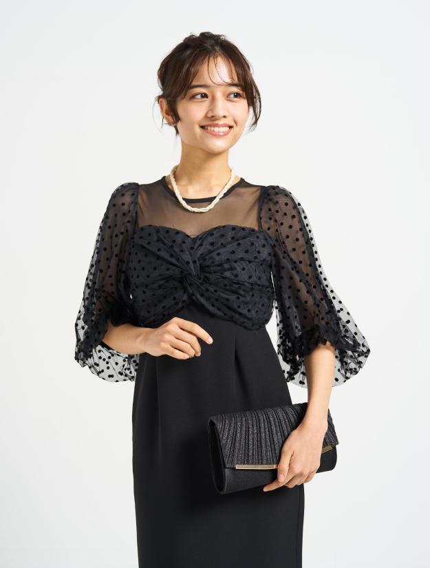 ドットチュールバルーンスリーブドレス（ブラック）