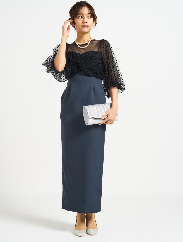 ドットチュールバルーンスリーブドレス（チャコールグレー）