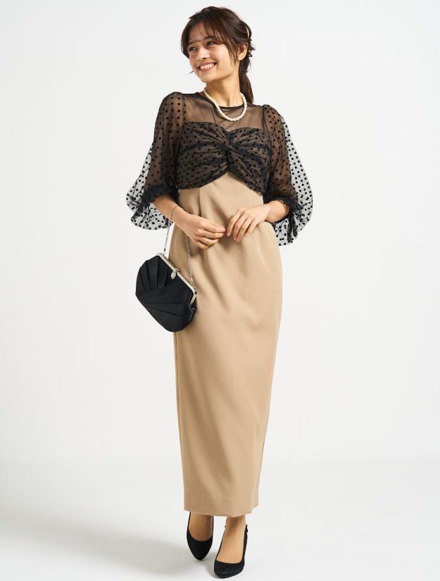 ドットチュールバルーンスリーブドレス（ベージュ）