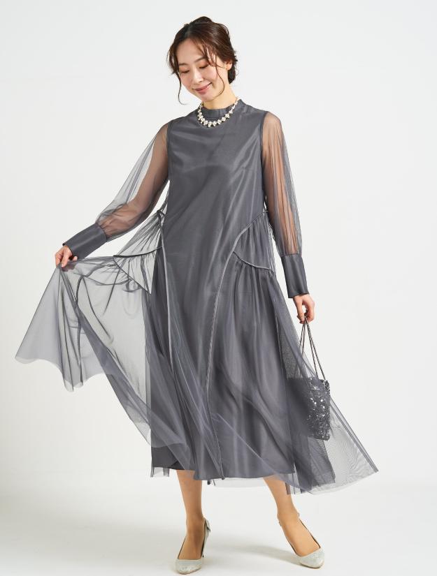 【M/L】微光沢チュールテントラインドレス（チャコールグレー）