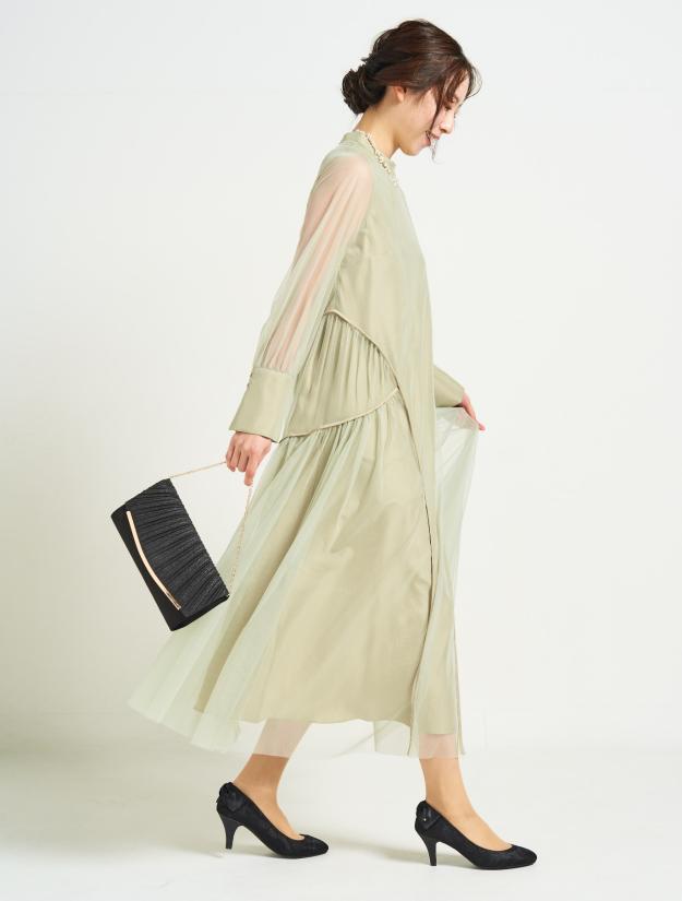 【M/L】微光沢チュールテントラインドレス（グリーン）