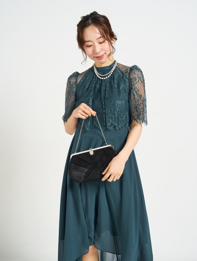 【M/L】レースハイカラ―イレギュラーヘムドレス(グリーン)