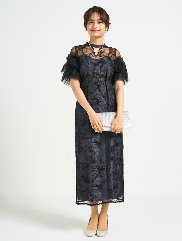 【M/L】刺繍スパンコール袖チュールフリルドレス（ブラック）