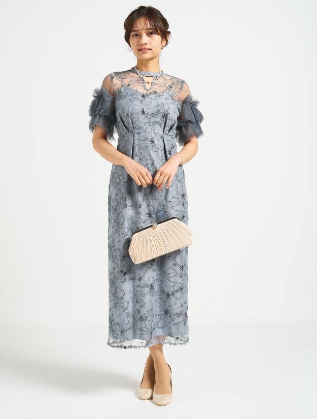 【M/L】刺繍スパンコール袖チュールフリルドレス（Lグレー）